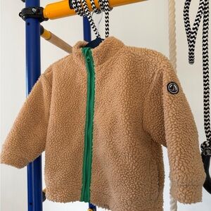 Petit Bateau Beige Sherpa Jacket with Green Trim 2T 3T